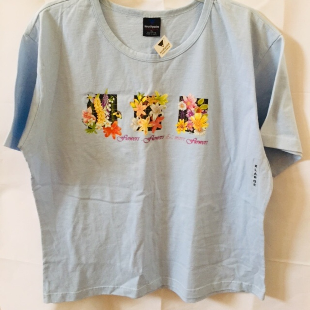 South Point Sports Wear Womens XL Blue Tee Flowers
